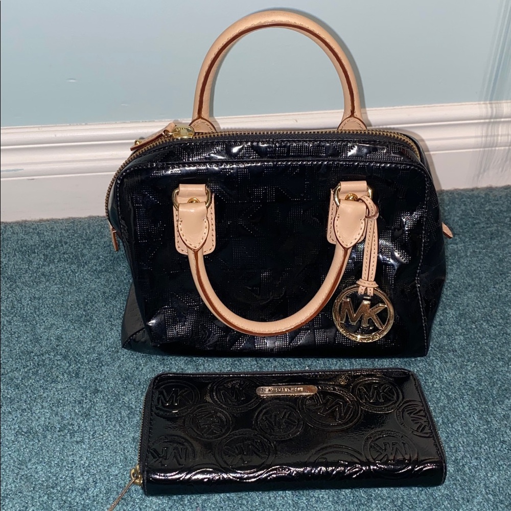 Michael Kors Black and Tan Satchel and Wallet Set